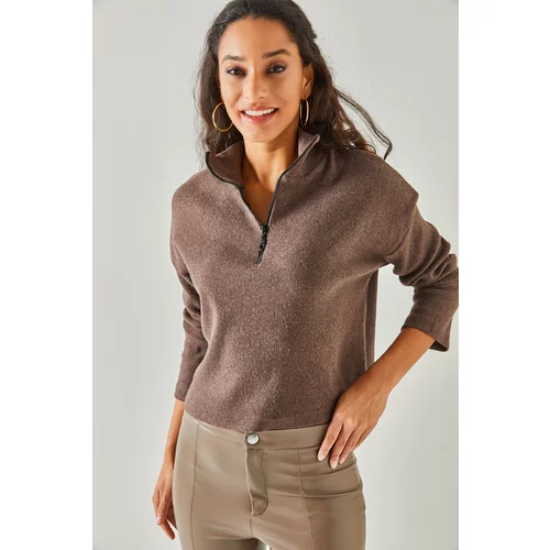 Olalook Women's Bitter Brown Zipper Stand-Up Collar Raised Pullover Sweater