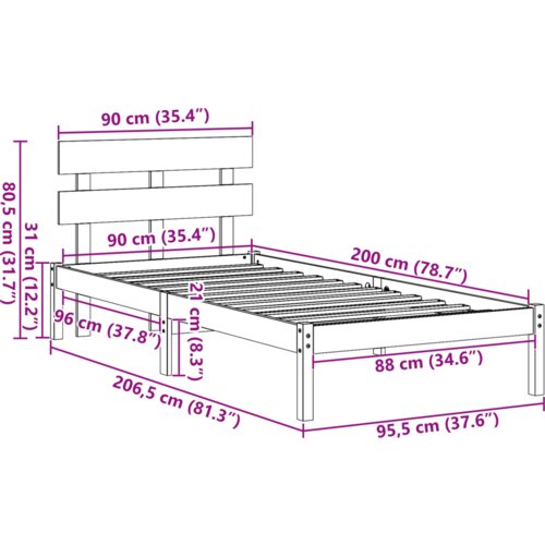 vidaXL Posteljni okvir z naslonom Bela 90x200 cm Trdno leseno borovo Cene