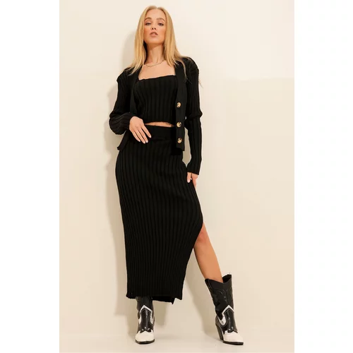 Trend Alaçatı Stili Women's Black Slit Skirt Strap Top And Knitwear Cardigan 3-Piece Suit