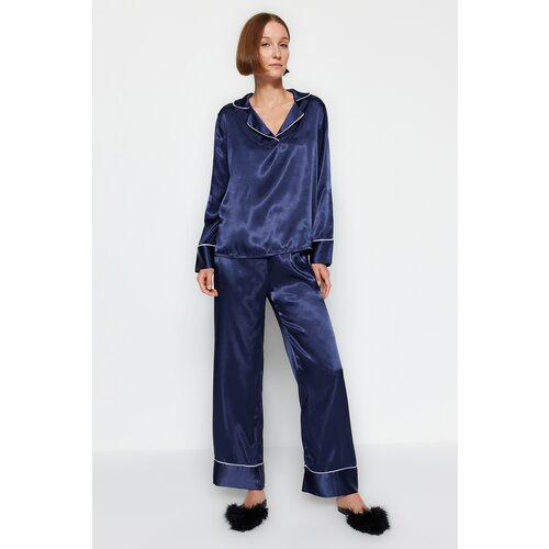 Trendyol Blue Piping Detailed Satin Shirt-Pants Woven Pajamas Set Slike