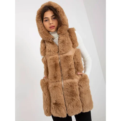 Fashion Hunters Camel eco leather vest with fur and hood