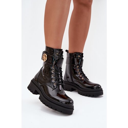 Boto Lacquered ankle boots workers women's with golden detail insulated black Fiorena Cene