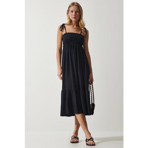 Happiness İstanbul Women's Black Strappy Crinkle Summer Knitted Dress Slike