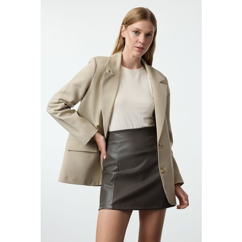 Trendyol Khaki Faux Leather High Waist Skirt Slike