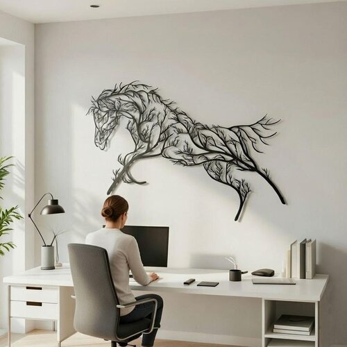 Wallxpert metalni zidni ukras 5570, konj u skoku od grana drveća, 75 x 40 cm, crni Cene