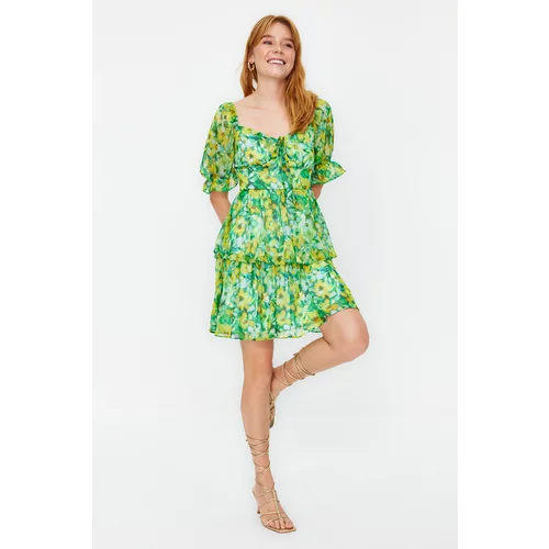 Trendyol Green Skirt Flounced Floral Patterned Chiffon Woven