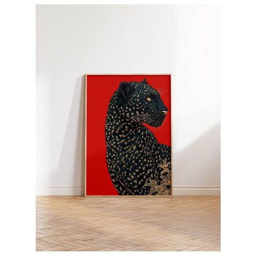Wallxpert uramljena slika 115272, crni leopard na crvenoj pozadini, 30 x 40 cm, ram u boji prirodnog drveta Slike