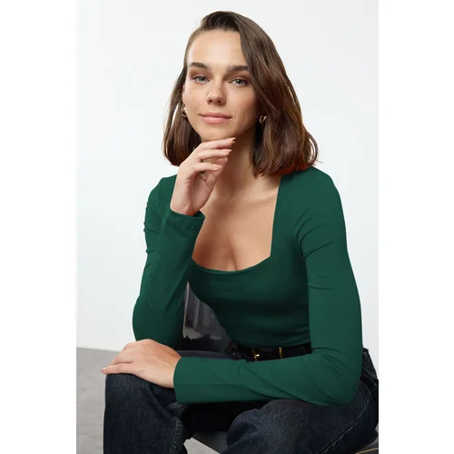 Trendyol Emerald Green Cotton Square Collar Regular Fit Knitted Thin Blouse