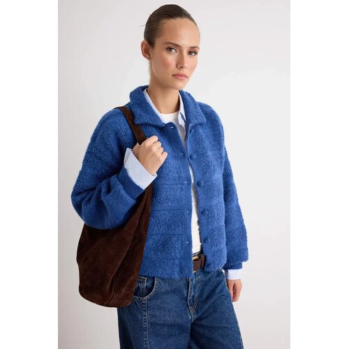 TRENDYOLMILLA Trendyol ženski duks Blue Soft Textured Polo Collar Knitwear Cardigan Twoaw27Hi00132 Cene