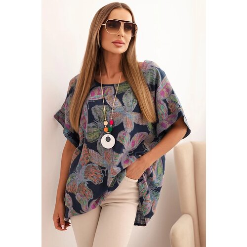 Kesi Włoski Women's cotton blouse with butterfly motif short sleeve navy Cijene