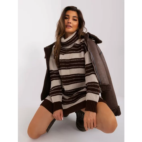 Fashion Hunters Beige and dark brown striped knitted dress