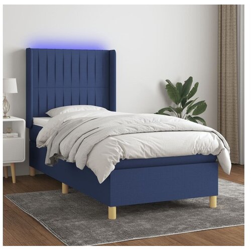  Box spring postelja z vzmetnico LED modra 90x200 cm blago Cene