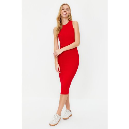 Trendyol Red Halter Neck Fitted Ribbed Flexible Midi Knitted Dress Cene