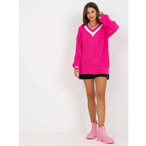 Fashion Hunters Fluo pink longer oversize sweater with V-neck RUE PARIS Slike