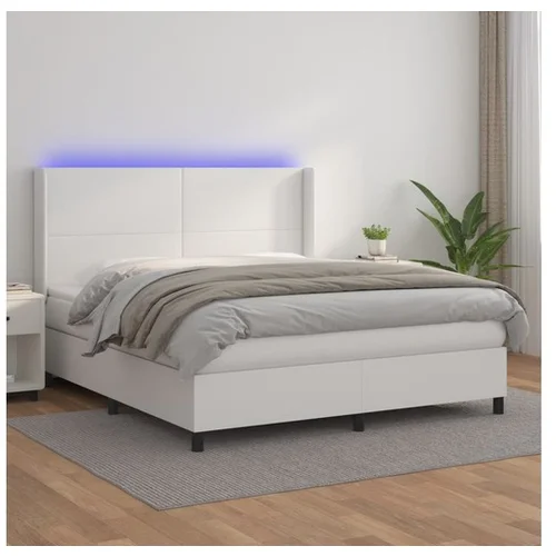  Box spring postelja z vzmetnico LED bela 180x200cm umetno usnje