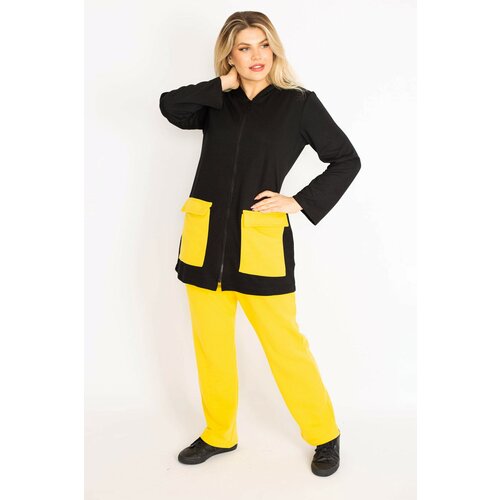 Şans Women's Plus Size Yellow Pocket Combined Hooded Front Zippered Sweatshirt Trousers Suit Slike
