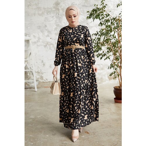 InStyle Rena Patterned Dress with a Straw Belt - Black Slike