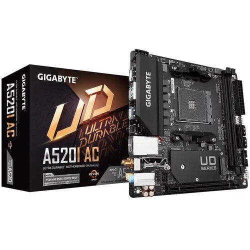Gigabyte A520I AC Motherboard - Supports AMD Ryzen 5000 Series AM4 CPUs, 6 Phases Digital VRM, up to 5300MHz DDR4 (OC), 1xPCIe 3.0 M.2, WIFI, GbE LAN, USB 3.2 Gen1 Cene