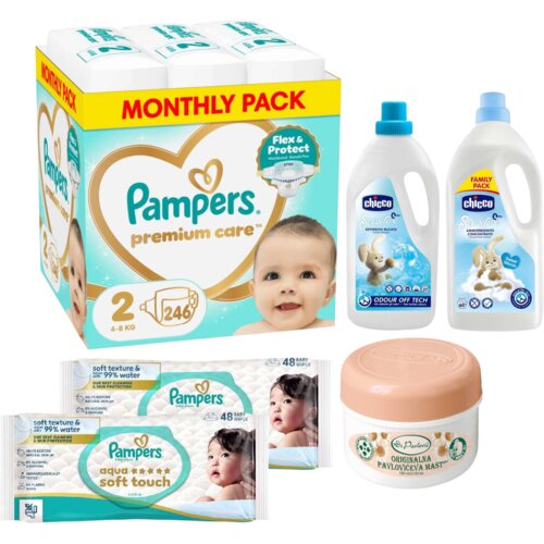 Pampers Pelene Premium Care 2, Monthly, 4-8 kg, 246/1, Chicco sta za prajne ve&scaron;a Sensitive, Pavlovićeva mast, Vlažne maramice Aqua Soft Touch Cene