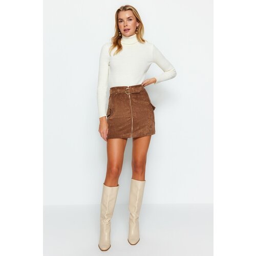 Trendyol Brown Velvet Mini Skirt With Zipper Belt Slike