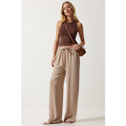  Women&amp;#039;s Beige Flowy Knitted Palazzo Trousers Slike