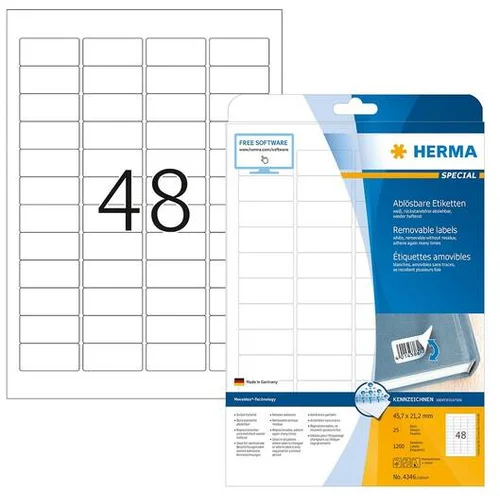 Herma Removable Labels 45,7x21,2 25 Sheets DIN A4 1200 pcs. 4346