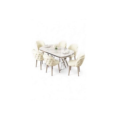 Hanah home Set trpezarijskog stola i stolica (7 delova) Zae White Marble Chrome Cream Cene