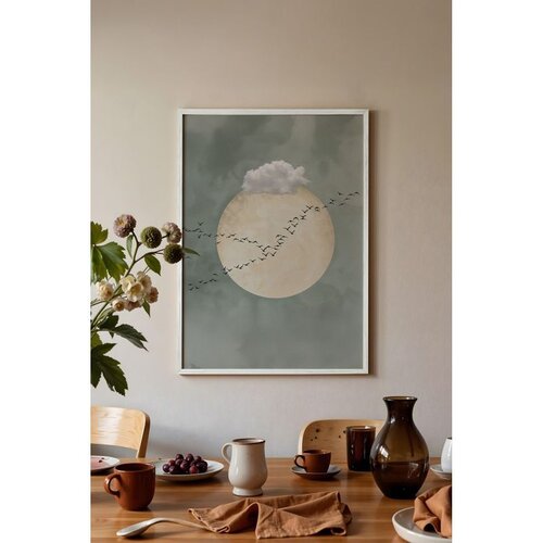 Wallxpert uramljena slika 115221, beli oblak i jato ptica ispred meseca na sivozelenoj pozadini, 50 x 70 cm, beli ram Slike