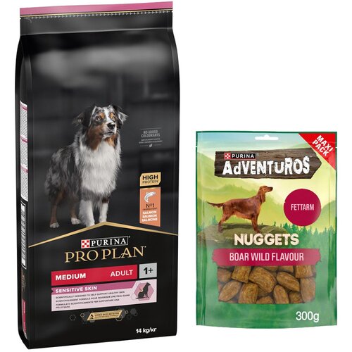 Pro Plan PURINA suha pasja hrana 14 kg + Adventuros Nuggets priboljški 300 g gratis! - Medium Adult Sensitive Skin Cene