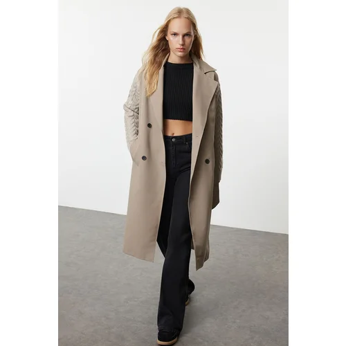 Trendyol Beige Regular Fit Belted Sleeves Knitwear Detailed Long Trench Coat