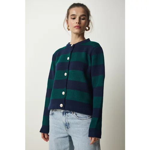 Happiness İstanbul Women's Navy Blue Green Stylish Buttoned Striped Knitwear Cardigan