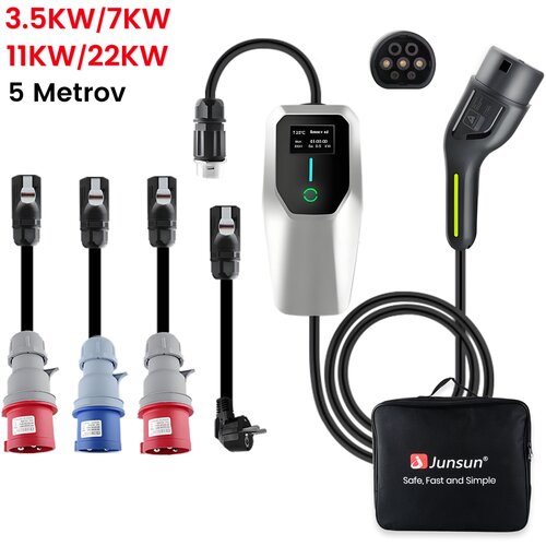JUNSUN Prenosni hitri polnilnik za električna vozila 3,5/7/11/22kW, 6-32A, EV polnilec s 5 m kabla 4 adapterji, (21989616) Cene