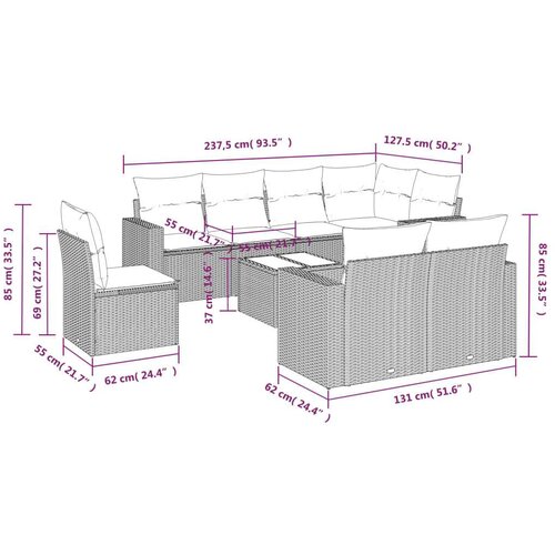 VidaXL 9-dijelni set vrtnih sofa od poliratana s jastucima sivi Slike