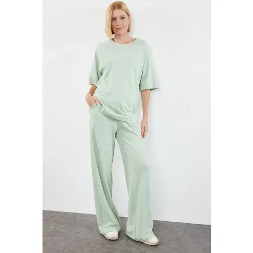 Trendyol Mint Relaxed/Comfortable Fit Wide Leg/Wide Leg Knitted Top-Bottom Set