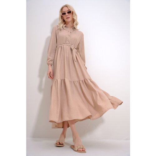 Trend Alaçatı Stili Women's Beige Buttoned Front Skirt Flounced Flamed Linen Maxiboy Dress Slike