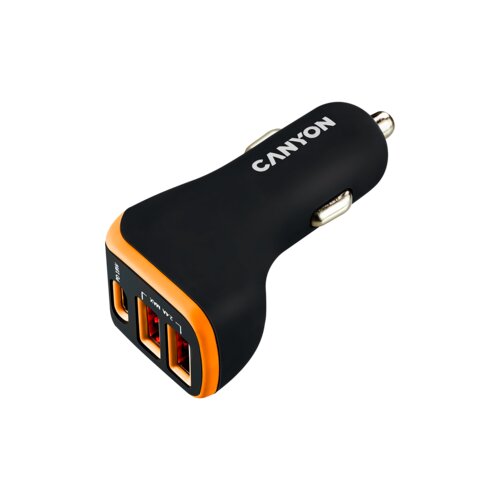 Canyon C-08, universal 3xUSB car adapter, input 12V-24V, output dc usb-a 5V/2.4A(Max) + type-c pd 18W, with smart ic, black+orange with rubber coating, 71*39*26.2mm, 0.028kg Slike