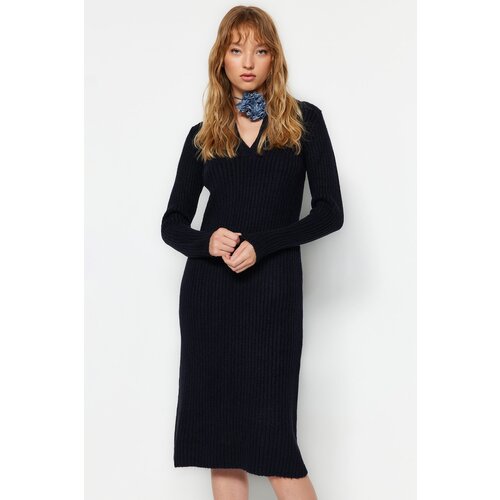 Trendyol Navy Blue Midi Knitwear Soft Textured Polo Neck Dress Slike