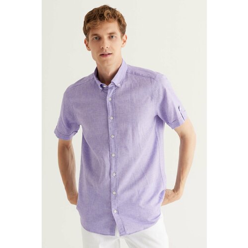 AC&Co / Altınyıldız Classics Men's Lilac Slim Fit Slim Fit Buttoned Collar Short Sleeved Linen Shirt. Slike