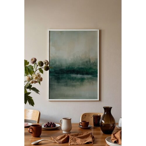 Wallxpert uramljena slika 115220, apstraktni pejzaž jezera u zelenim i sivim tonovima, 50 x 70 cm, beli ram Slike