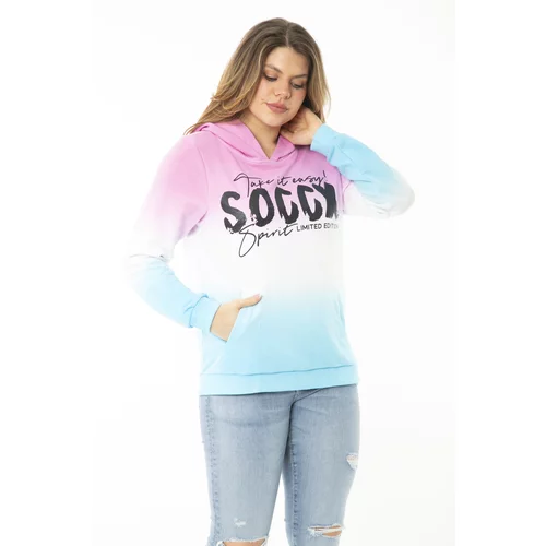 Şans Women's Plus Size Colored Two Thread Silvery And Front Print Detailed Hooded Sweatshirt