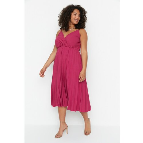 Trendyol Curve Fuchsia Double Breasted Collar Knitted Strap Dress Cene