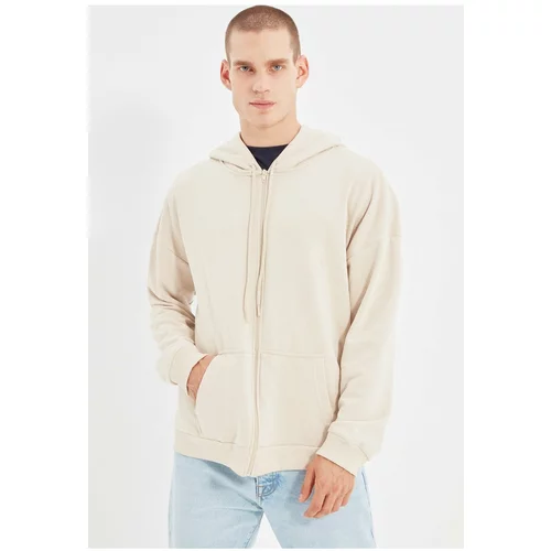 Trendyol Stone Men's Basic Oversize Fit Zippered Hooded Thick Sweatshirt-cardigan