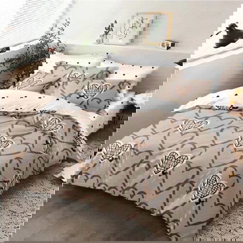  Bračna posteljina sa bež pozadinom i smeđim srcima &amp;ndash; 4 dela, 200x220 cm, pamuk Slike