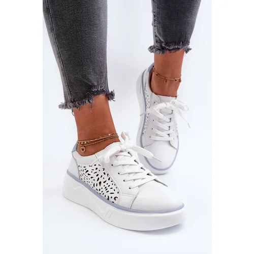 PE1 White Leather Women's Platform Sneakers Peilaeno