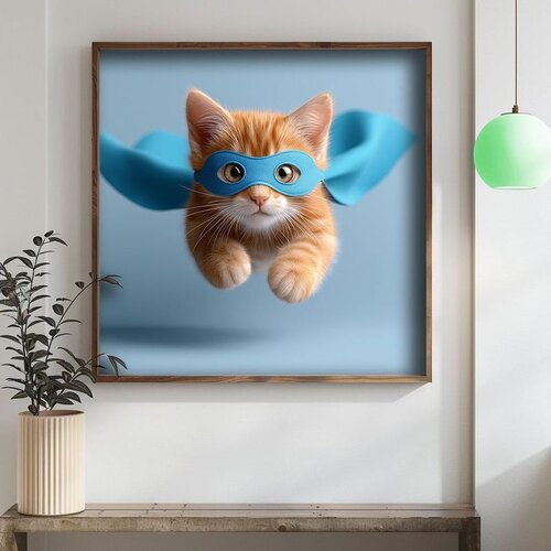 Wallxpert uramljena mdf slika DOS064-70, riđe mače sa plavom maskom i plaštom superheroja u letu, 70 x 70 cm Cene