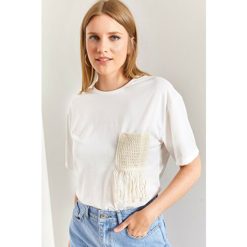 Bianco Lucci Women's Pocket Tassel Patterned Combed Cotton Tshirt Cene