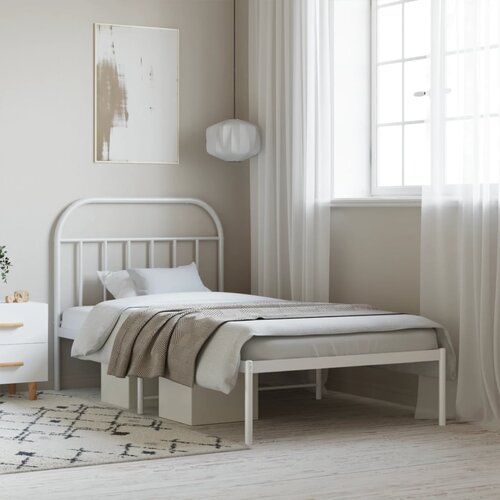 VidaXL Kovinski posteljni okvir z vzglavjem bel 100x190 cm Slike