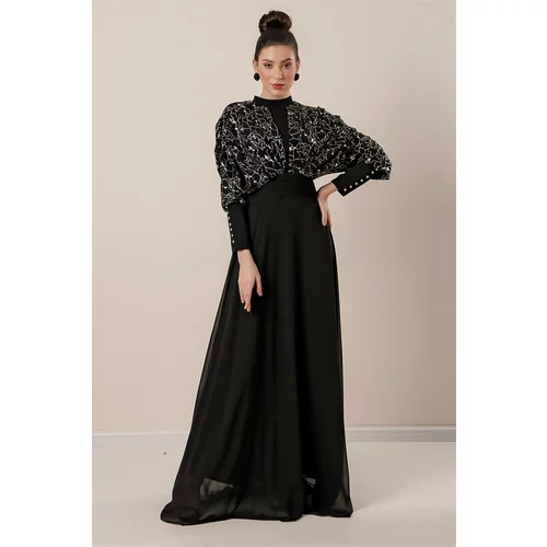 By Saygı Bat Sleeves Sequin Gilded Lined Chiffon Hijab Dress Black