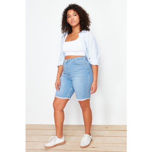 Trendyol Curve Blue Leg Tassel Detailed Stretchy Skinny Denim Shorts Slike