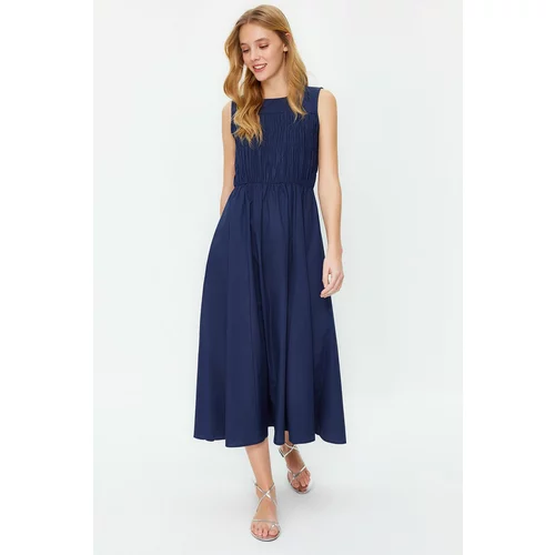 Trendyol Navy Blue Gipe Detailed 100% Cotton Poplin Woven Dress